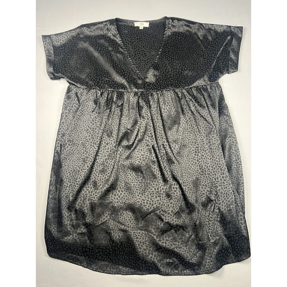 Entro Black Satin Tonal Animal Print V-Neck Babydoll SS Mini Dress Medium